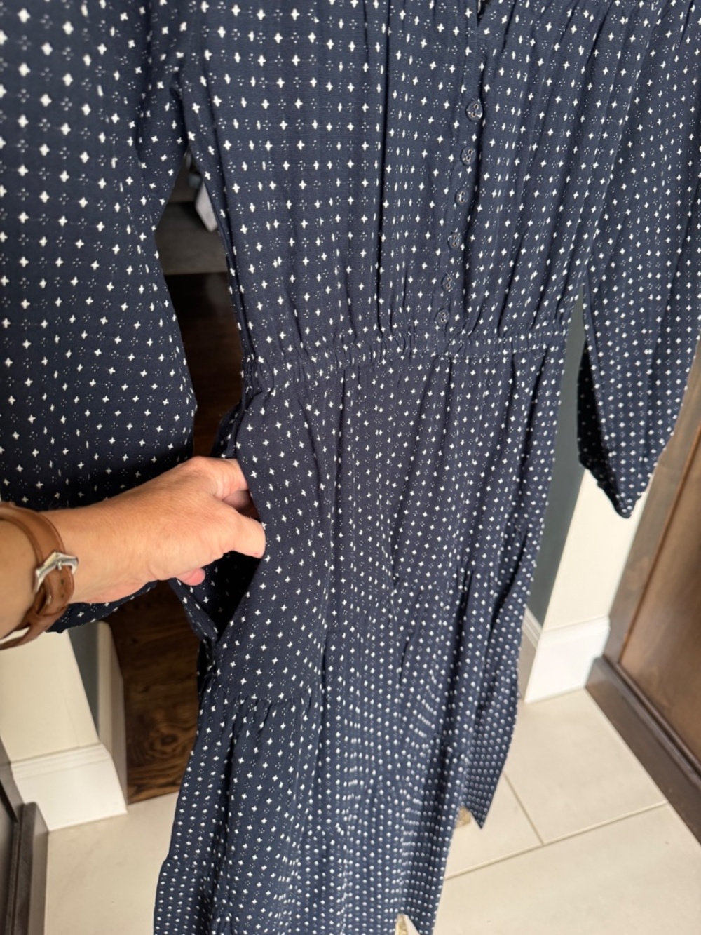 Madewell navy blue long sleeve midi dress with white polka dots - Picture 5 of 6
